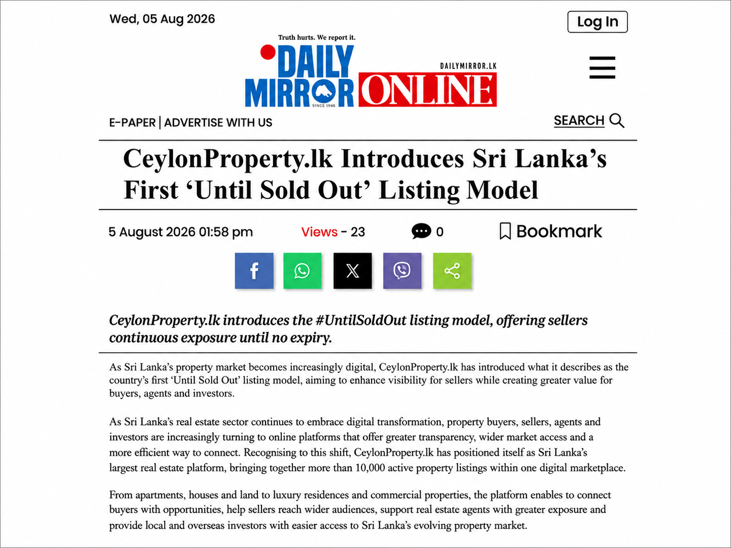 CEYLONPROPERTY.LK FEATURED IN DAILY MIRROR FOR IT'S "UNTIL SOLD OUT" PROPERTY LISTING MODEL